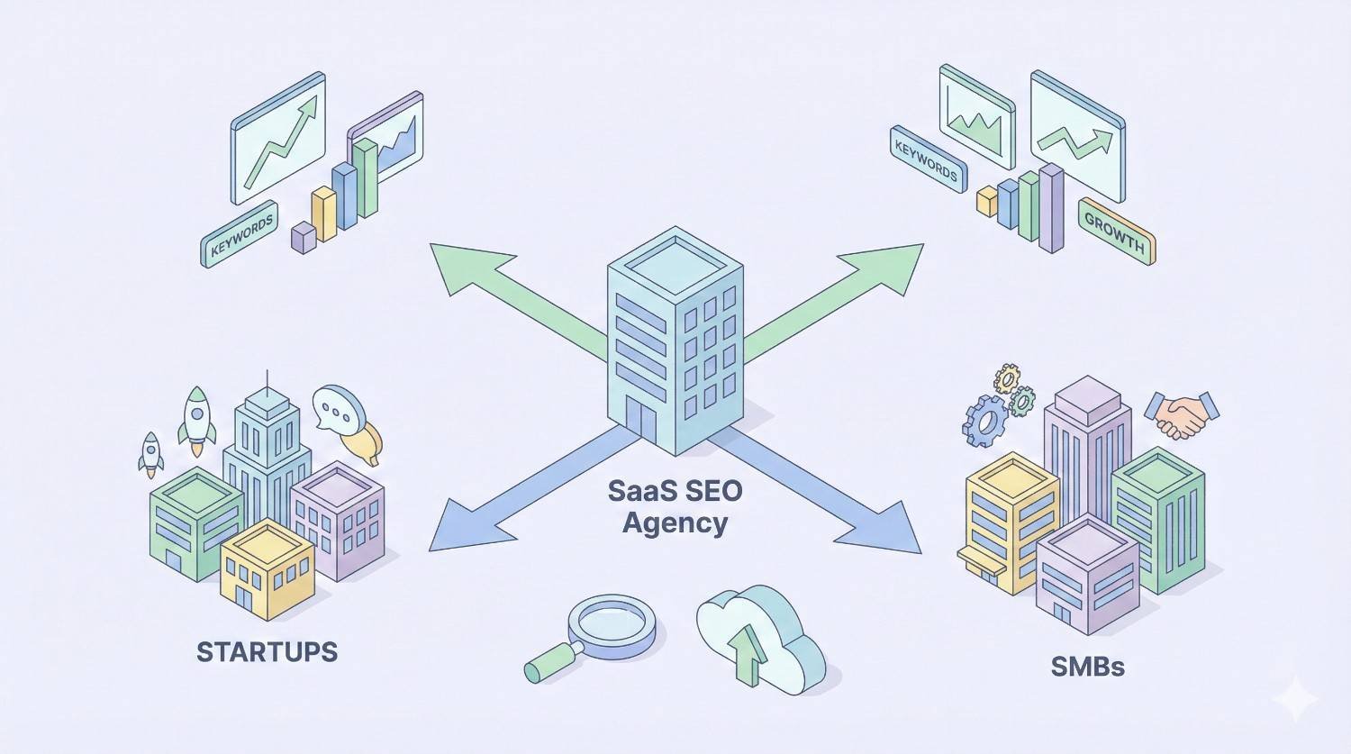 Isometric graphic of a central “SaaS SEO Agency” building sending arrows toward startups and SMBs, with charts labeled keywords and growth, city blocks, rockets, handshake and gear icons, plus search and cloud symbols, representing optimization services driving expansion for different business types.