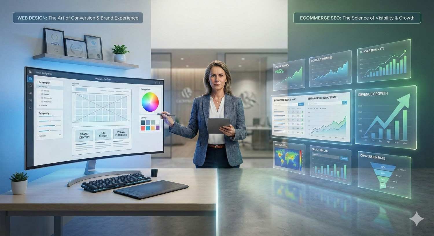 A professional stands between two displays comparing web design dashboards with ecommerce SEO analytics, showing layout tools on one side and rising traffic, conversion, and revenue charts on the other, illustrating the balance between user experience design and growth-focused search optimization.