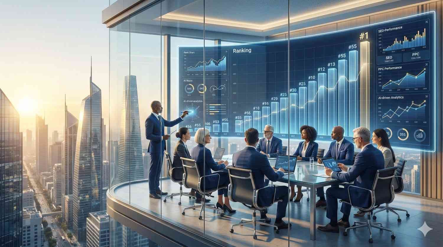 Executive team meeting in a glass high-rise boardroom overlooking a city at sunrise, reviewing a massive digital SEO ranking dashboard with rising bar charts, performance graphs, and analytics panels while one presenter points to top-ranking results.