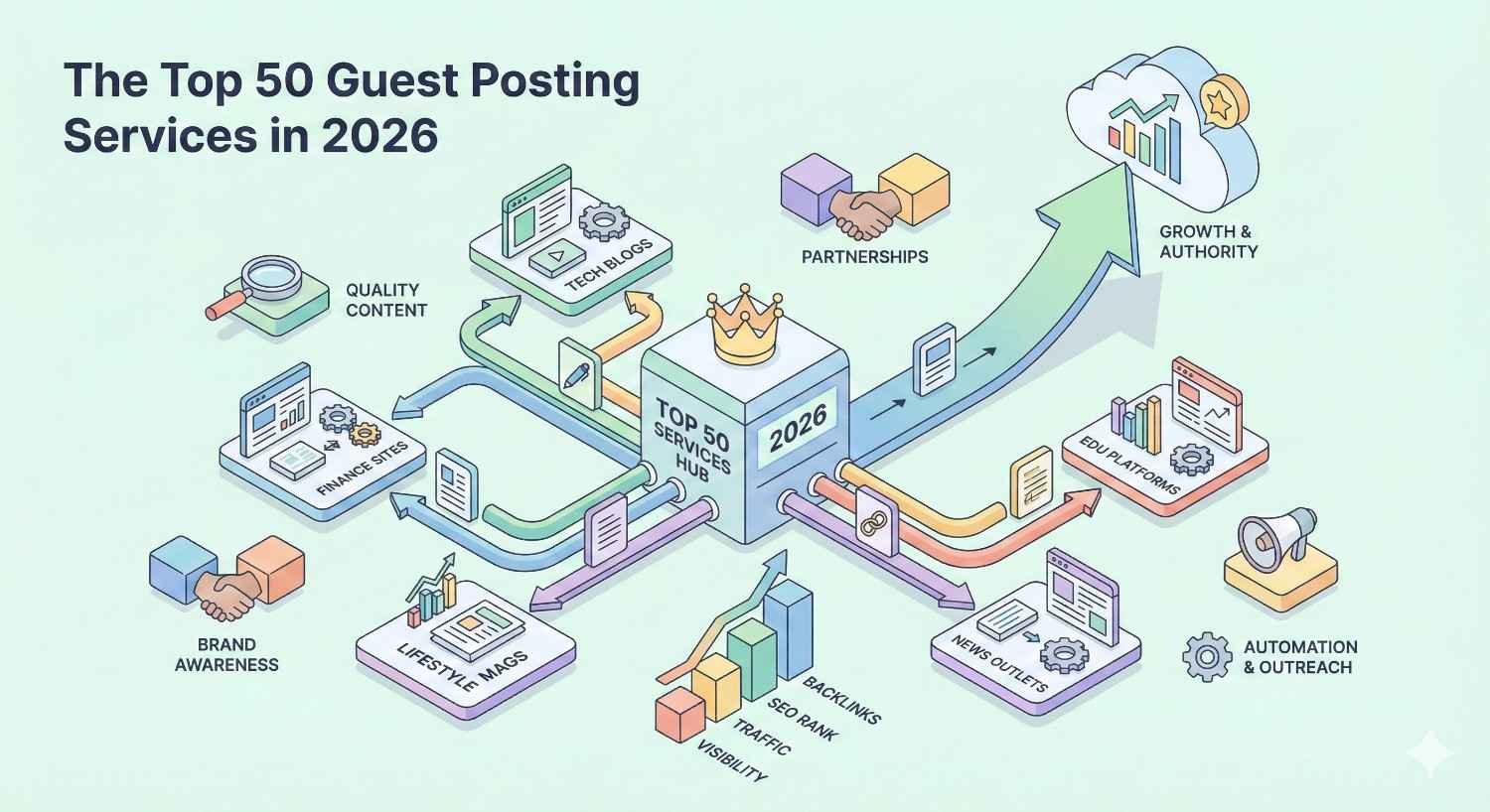 An infographic titled “The Top 50 Guest Posting Services in 2026” showing a central ranking hub connected to tech blogs, finance sites, lifestyle media, news outlets, and education platforms, with arrows highlighting partnerships, automation, backlinks, SEO growth, brand awareness, and authority.