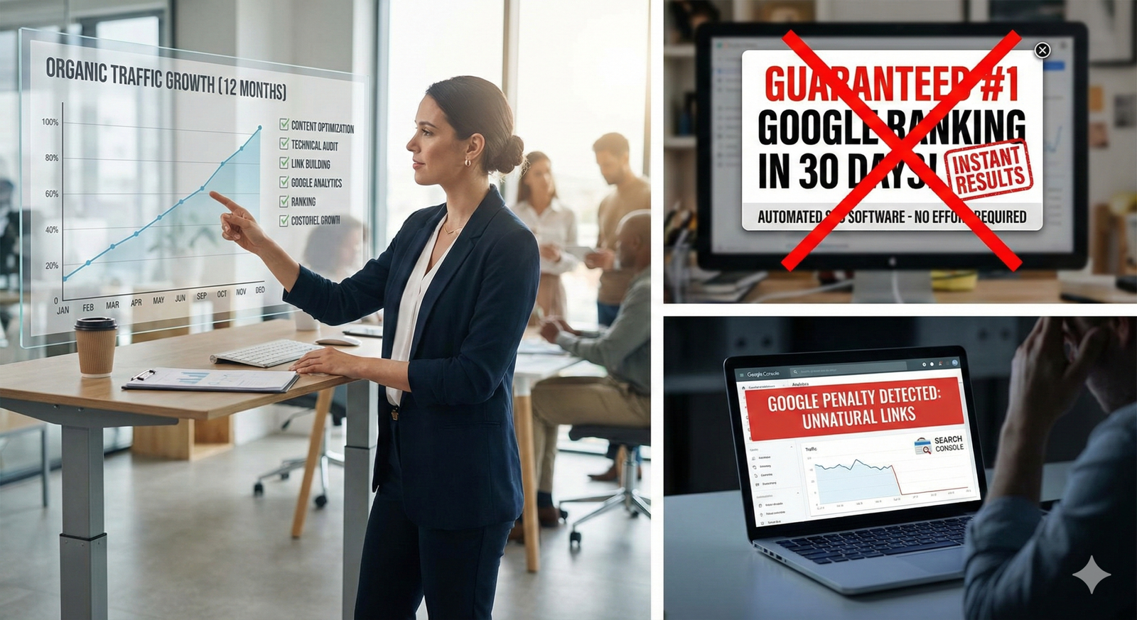 Split image showing a woman presenting organic traffic growth charts in an office, alongside crossed-out claims of guaranteed Google rankings and instant results, and a laptop warning of Google penalties for unnatural links, highlighting ethical SEO versus risky tactics.