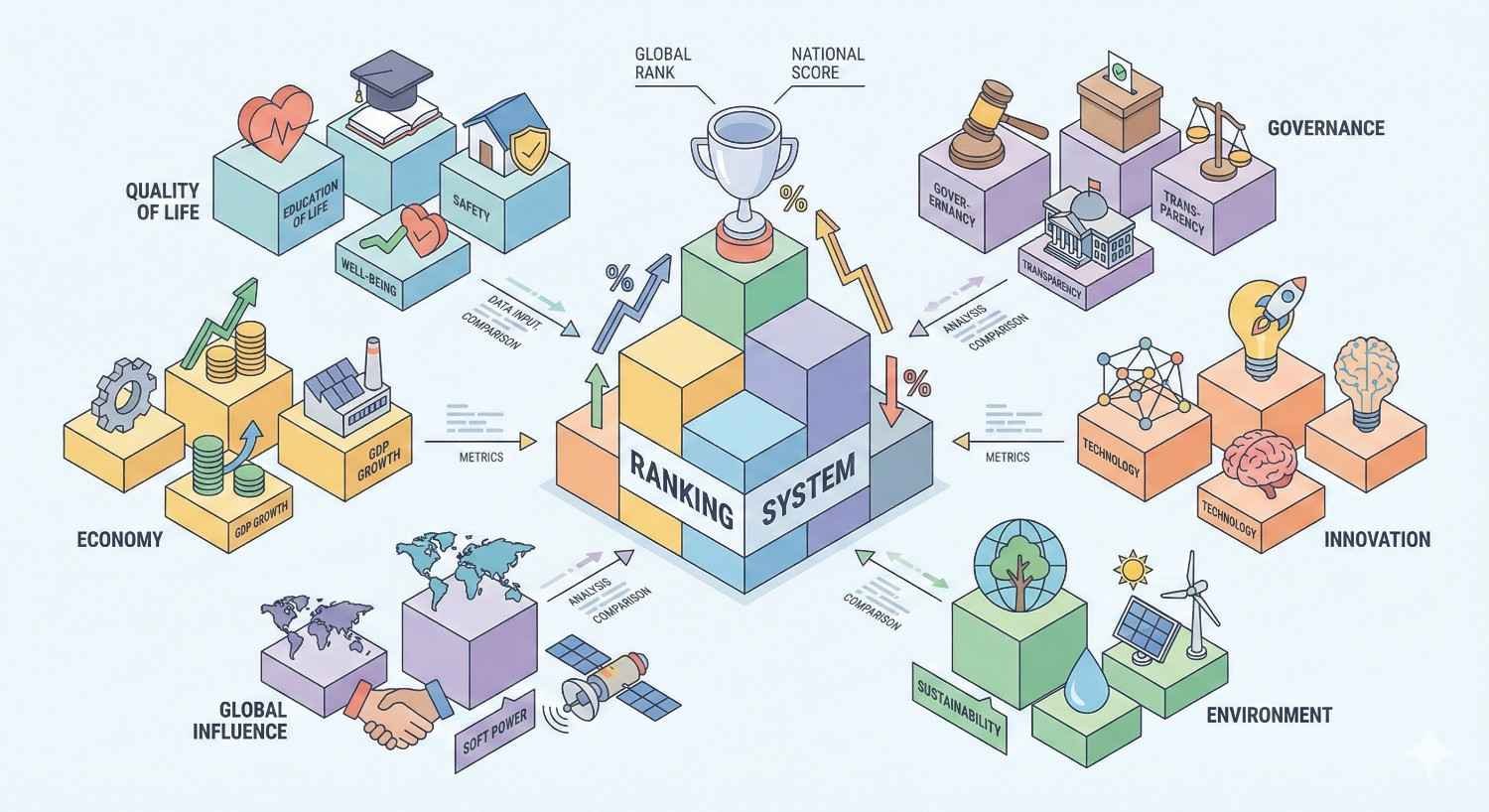Isometric infographic of a national ranking system with a central trophy and score blocks, surrounded by factors like economy, quality of life, governance, innovation, environment, and global influence, showing metrics and comparisons contributing to global and national performance scores.