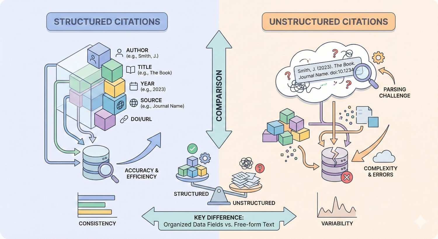 Side-by-side comparison of structured and unstructured citations, showing structured citations with organized fields like author, title, year, and source for accuracy and consistency, versus unstructured citations in free-form text that create parsing challenges, variability, and higher risk of errors.