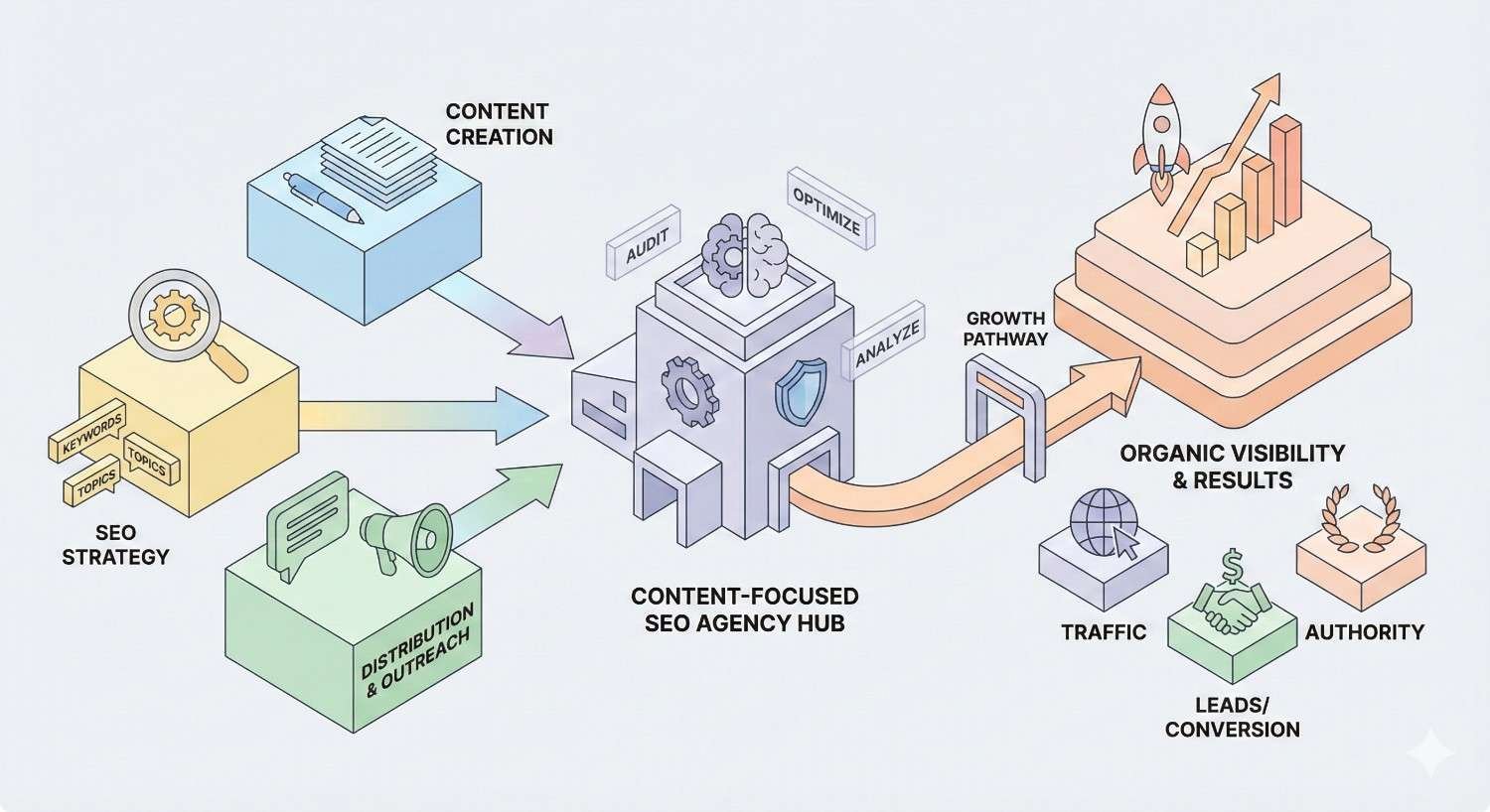 Isometric diagram of a content-focused SEO agency hub receiving inputs from content creation, SEO strategy, and distribution, then auditing, analyzing, and optimizing toward organic visibility and growth, with icons for traffic, authority, leads, rising charts, and a rocket showing improved results.