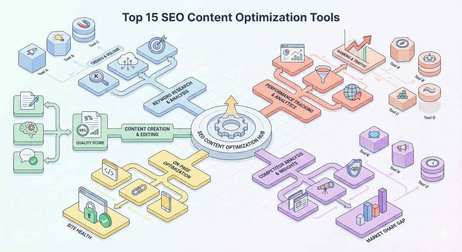 An infographic titled “Top 15 SEO Content Optimization Tools” shows a central hub connected to keyword research, content creation, on-page optimization, site health, performance tracking, competitor analysis, and ranking growth, with colorful modules, charts, icons, and tool placeholders around the workflow.