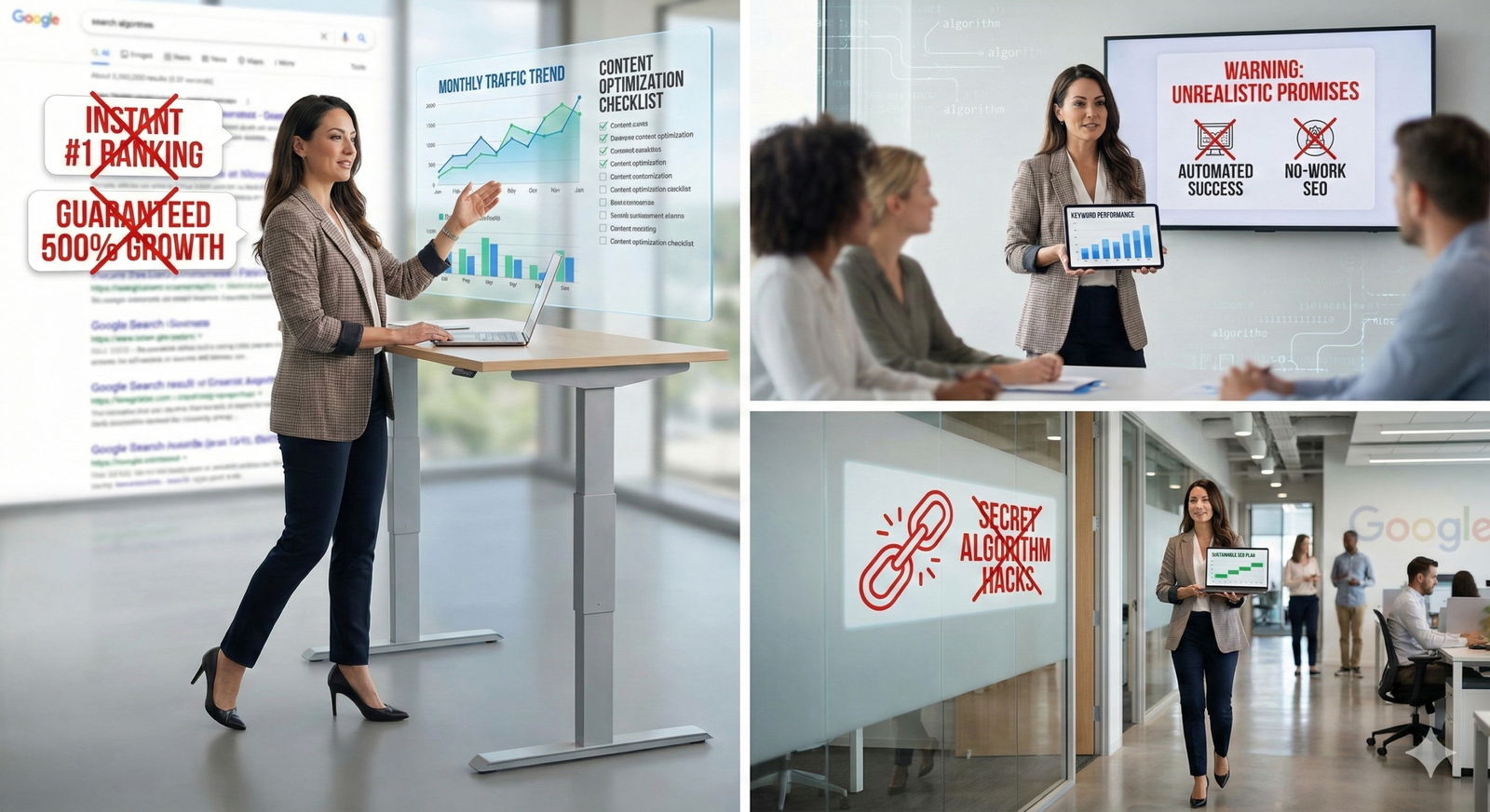 Collage showing a consultant presenting SEO growth charts and optimization checklists while rejecting “instant ranking” claims, warning against unrealistic promises and secret algorithm hacks, and walking through an office holding performance data during ethical search strategy discussions.