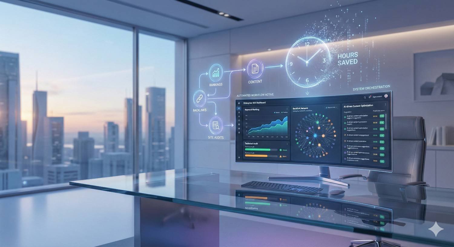 A modern office overlooking a city skyline with a large monitor displaying SEO and automation dashboards, workflow icons, charts, and a glowing clock labeled “hours saved,” reflected on a glass desk, suggesting data-driven optimization and system orchestration.