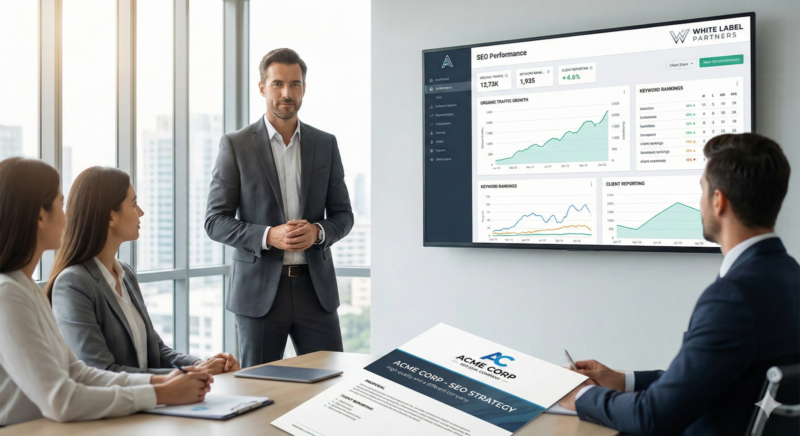Consultant presenting SEO performance dashboards to clients in a bright conference room, with charts for organic traffic growth and keyword rankings on a wall screen and “ACME Corp SEO Strategy” documents spread across the table.