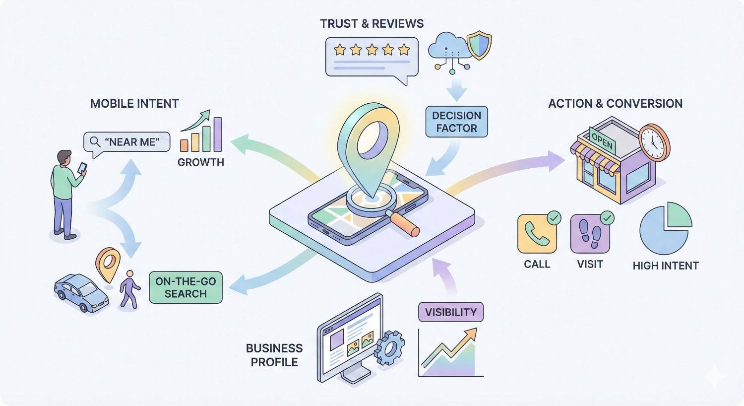 Isometric diagram showing mobile “near me” searches leading to a map pin hub with trust and reviews, business profiles, and visibility, driving decisions and actions like calls and visits, illustrating how local search intent converts into real-world customer engagement.
