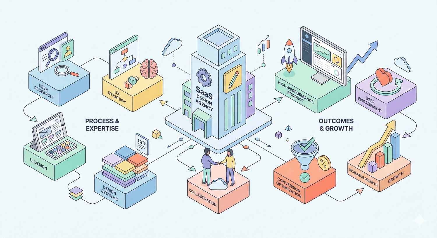 An isometric illustration centers on a SaaS design agency building, connected to user research, UX strategy, UI design, and design systems on one side, and outcomes like high-performance products, engagement, conversion optimization, scalability, growth, and collaboration on the other.