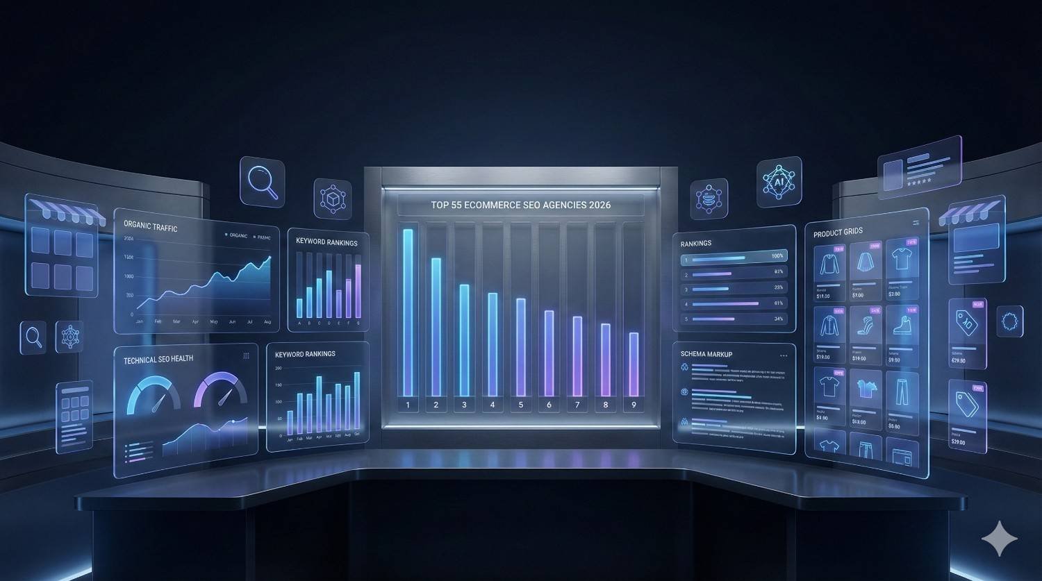 Futuristic dark-themed dashboard with glowing panels showing charts for organic traffic, keyword rankings, technical SEO health, and a central bar graph titled “Top 5 Ecommerce SEO Agencies 2026,” alongside product grids and analytics widgets in a high-tech interface.