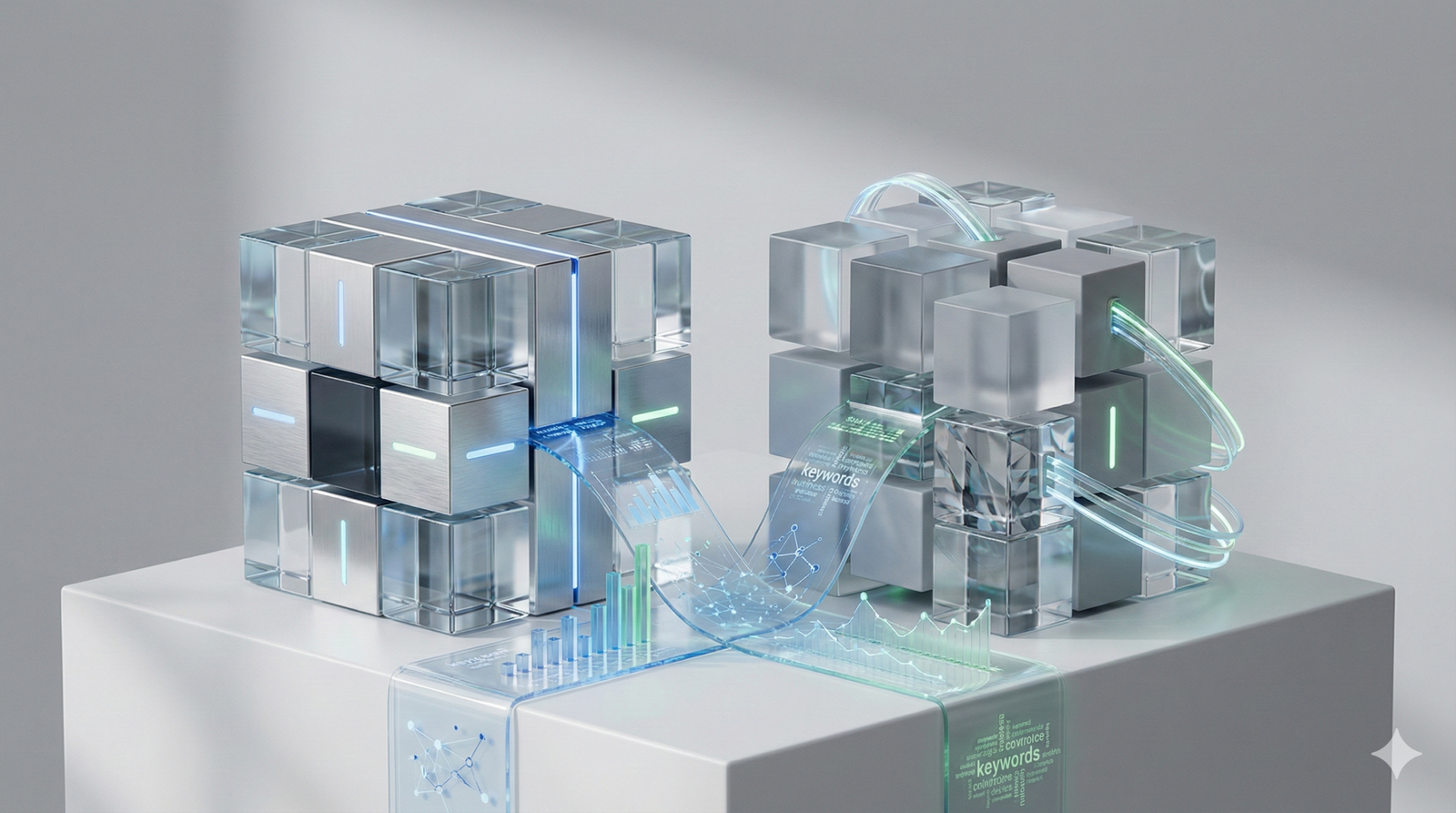 Futuristic 3D illustration of transparent modular cubes connected by glowing data streams and holographic graphs, symbolizing SEO systems, keyword flow, analytics pipelines, and digital optimization in a clean, minimalist tech environment.