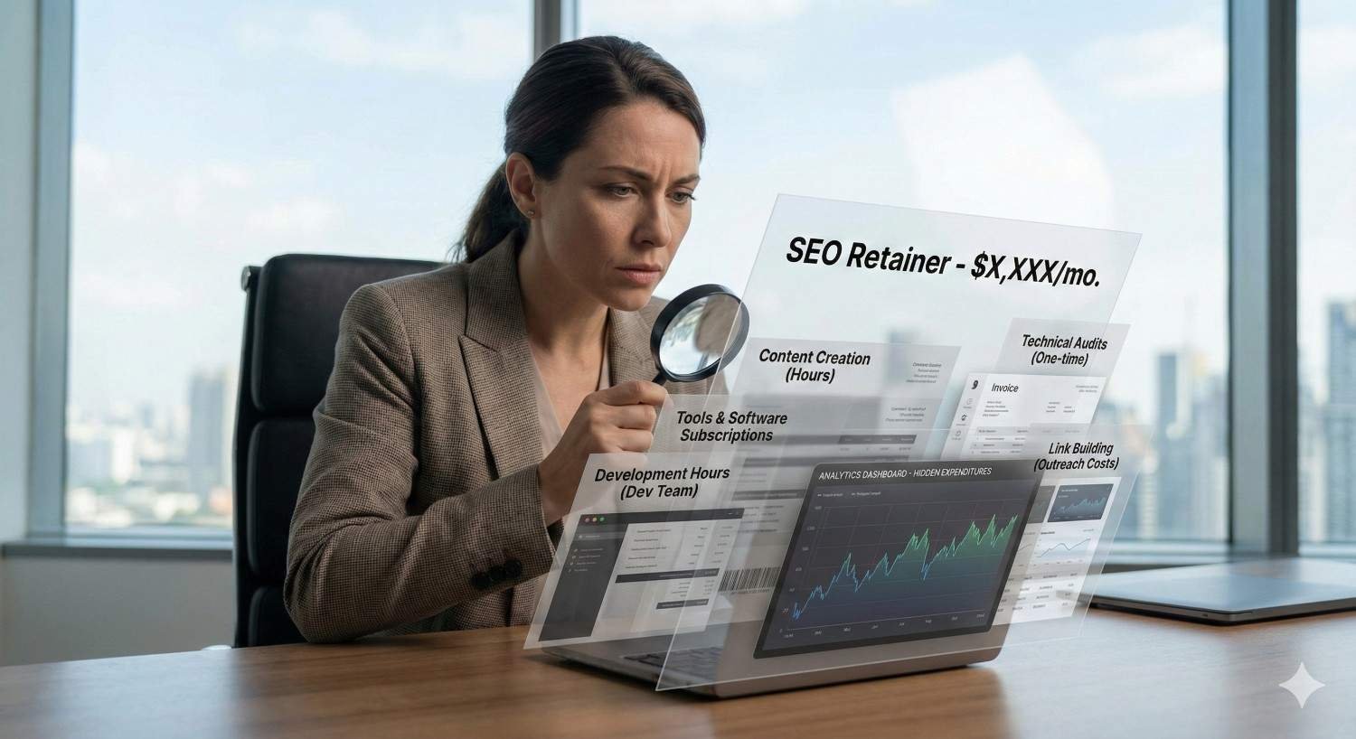 Business professional at a desk examines transparent holographic SEO reports with a magnifying glass, reviewing retainer pricing, analytics graphs, technical audits, content hours, and link-building costs, with a city skyline visible through office windows, emphasizing SEO strategy analysis and budgeting.