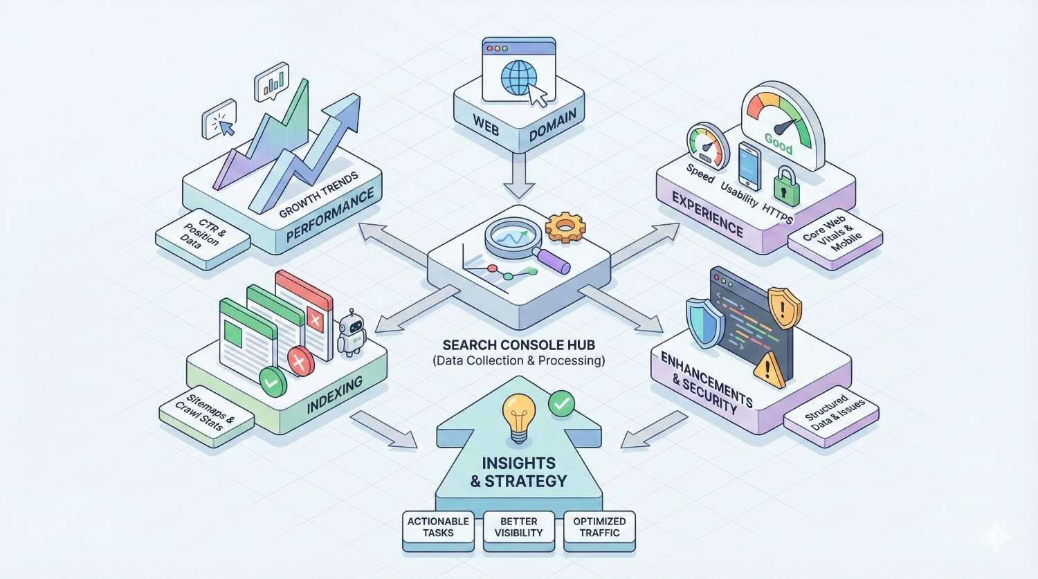 Isometric diagram of a Search Console hub collecting web domain data and feeding performance trends, indexing, user experience, and security modules, which produce insights and strategy outputs like actionable tasks, better visibility, and optimized traffic with arrows and analytics icons.