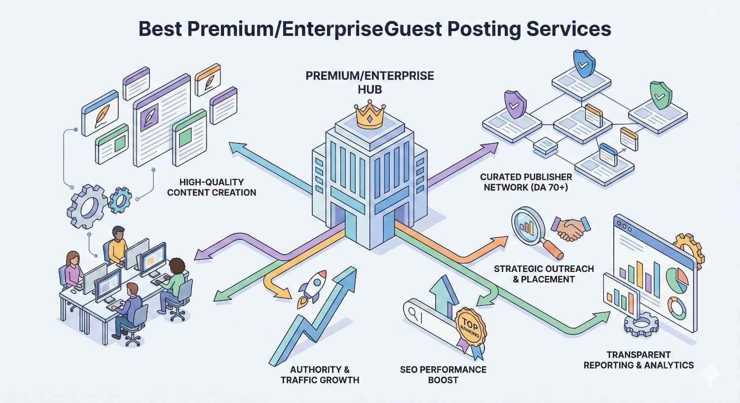 An infographic titled “Best Premium/Enterprise Guest Posting Services” showing a central enterprise hub connected to high-quality content teams, curated publisher networks, strategic outreach, transparent analytics, SEO performance boosts, and authority growth, illustrated with arrows, charts, shields, and office collaboration scenes.