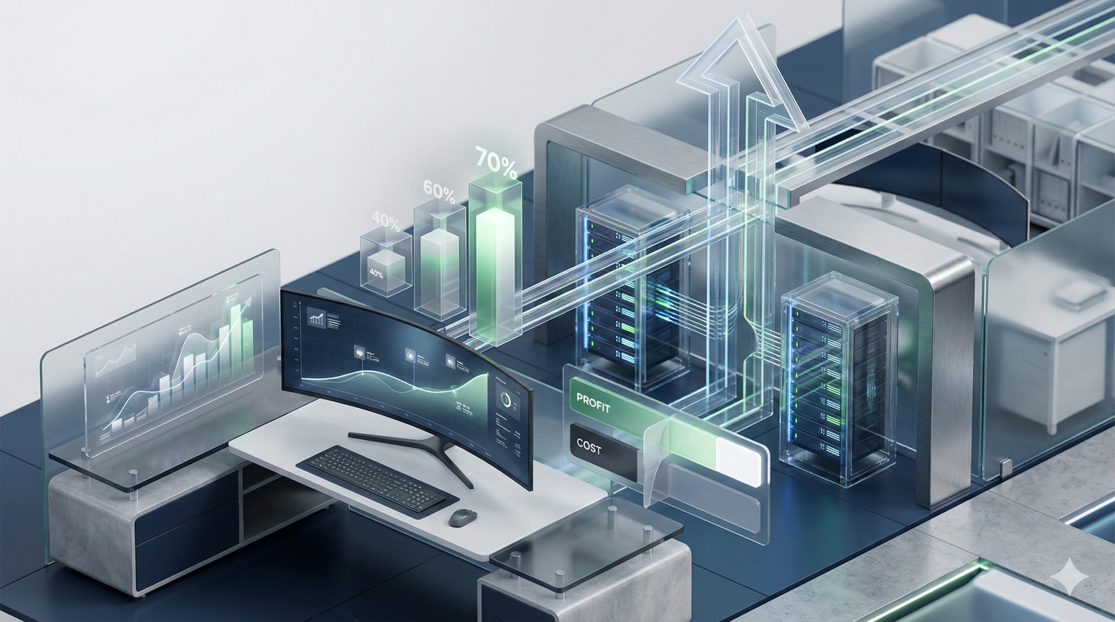 Abstract data center and analytics workspace showing upward growth charts, profit and cost metrics, and connected digital pipelines, representing scalable SEO infrastructure, ROI measurement, performance optimization, and data-driven business growth through professional search engine optimization strategies.