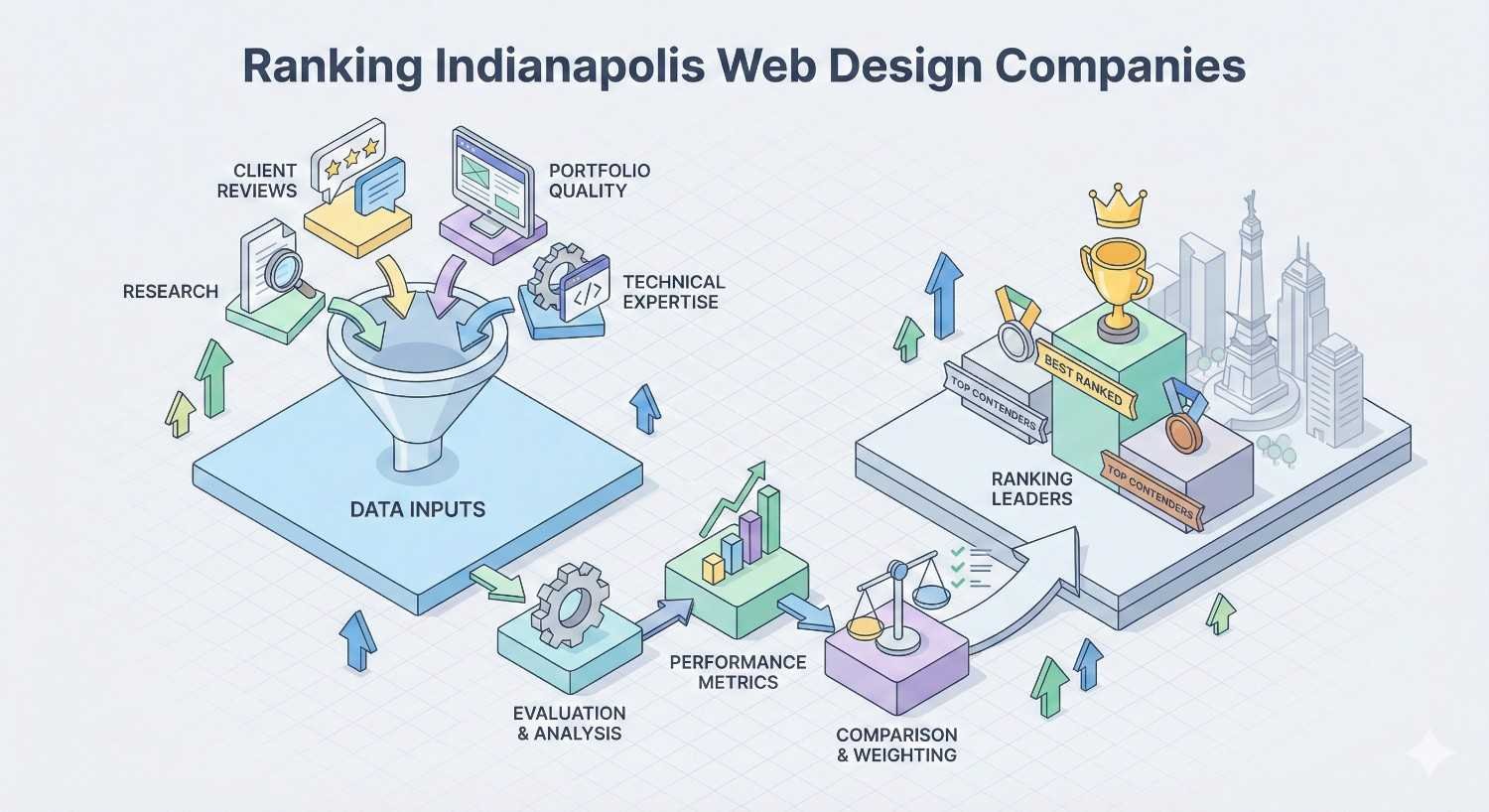 Isometric infographic titled “Ranking Indianapolis Web Design Companies” showing data inputs like client reviews, research, portfolio quality, and technical expertise flowing through evaluation, performance metrics, and comparison steps to produce ranking leaders with trophies, podiums, arrows, charts, and a city skyline backdrop.