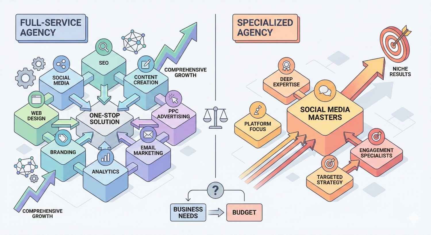 Split infographic comparing a full-service marketing agency versus a specialized agency. The left shows interconnected services like SEO, web design, PPC, analytics, and branding as a one-stop solution. The right highlights focused social media expertise, targeted strategy, engagement specialists, niche results, and budget-driven choice.