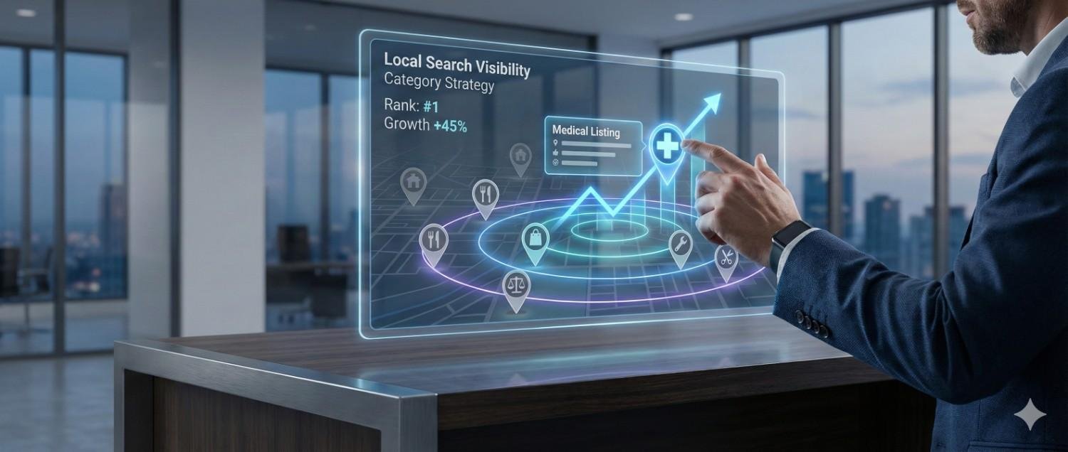 Business professional pointing at a holographic dashboard labeled local search visibility, showing a city map, ranking number one, growth plus forty five percent, medical listing details, location icons, and an upward trend arrow inside a modern office overlooking the skyline.