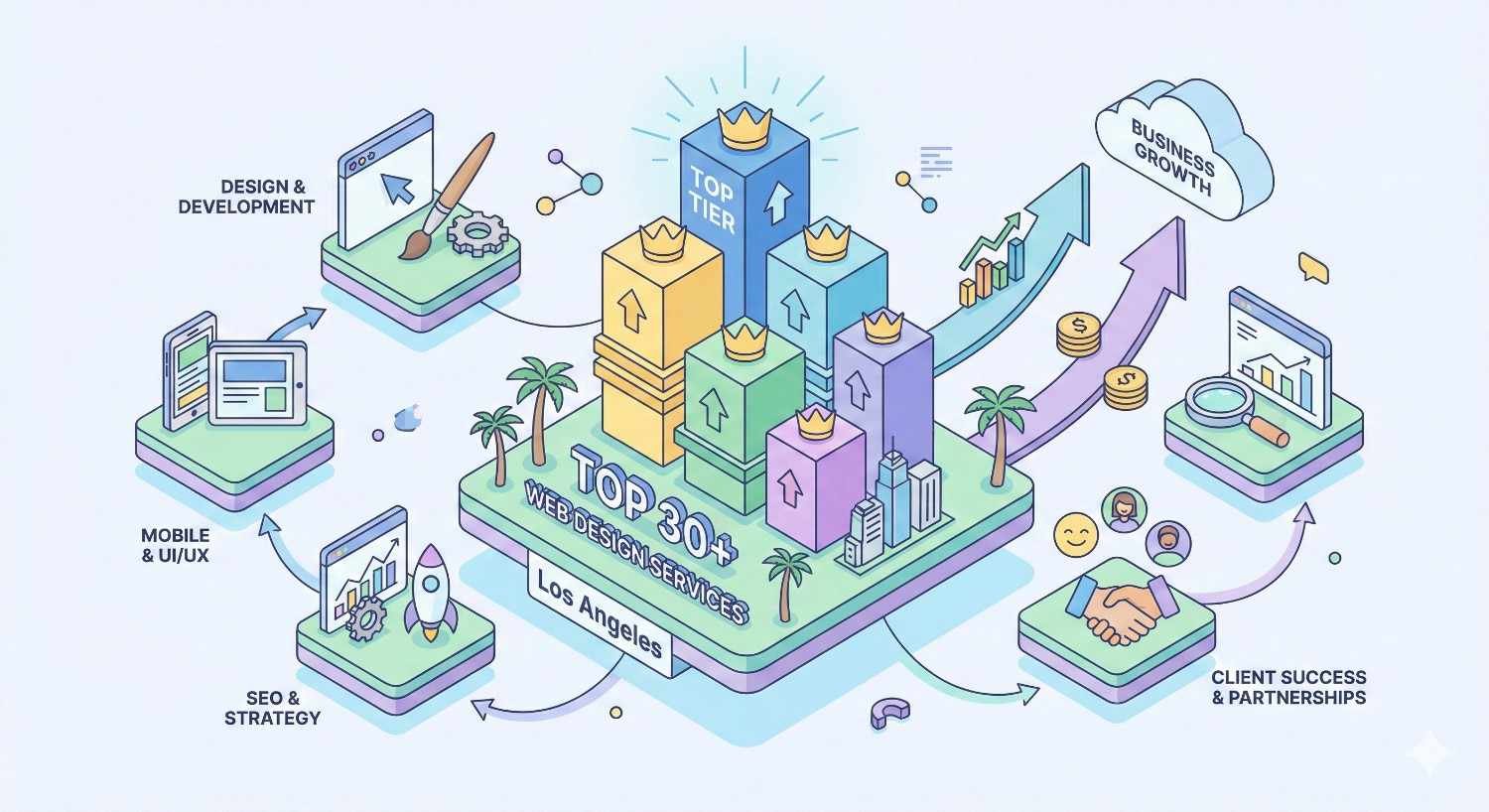 An isometric infographic labeled “Top 30+ Web Design Services Los Angeles” shows crowned ranking towers at the center, surrounded by icons for design, mobile UX, SEO, analytics, and client partnerships, with arrows pointing toward business growth, revenue, and top-tier performance.