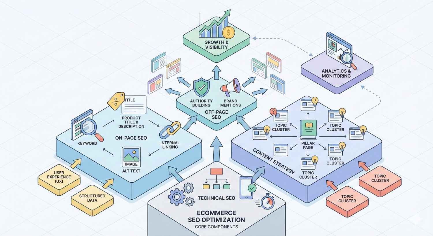 Diagram of ecommerce SEO optimization showing technical SEO, on-page factors, content clusters, and off-page authority feeding into growth and visibility, with icons for keywords, internal links, UX, analytics, brand mentions, and performance monitoring.