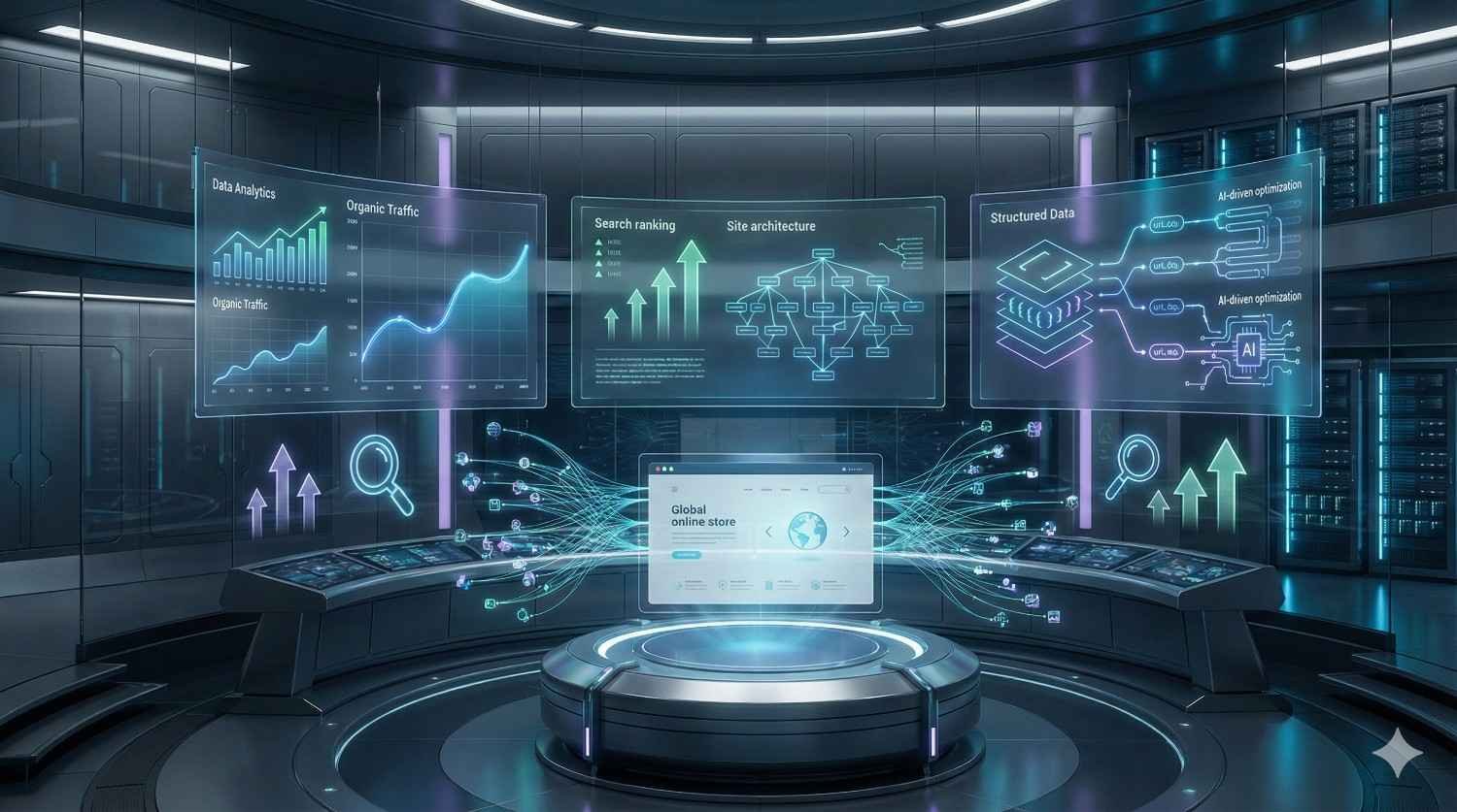 Futuristic control room displaying holographic SEO dashboards for organic traffic, rankings, site architecture, structured data, and AI optimization, centered around a global online store interface with glowing data streams and rising performance graphs.