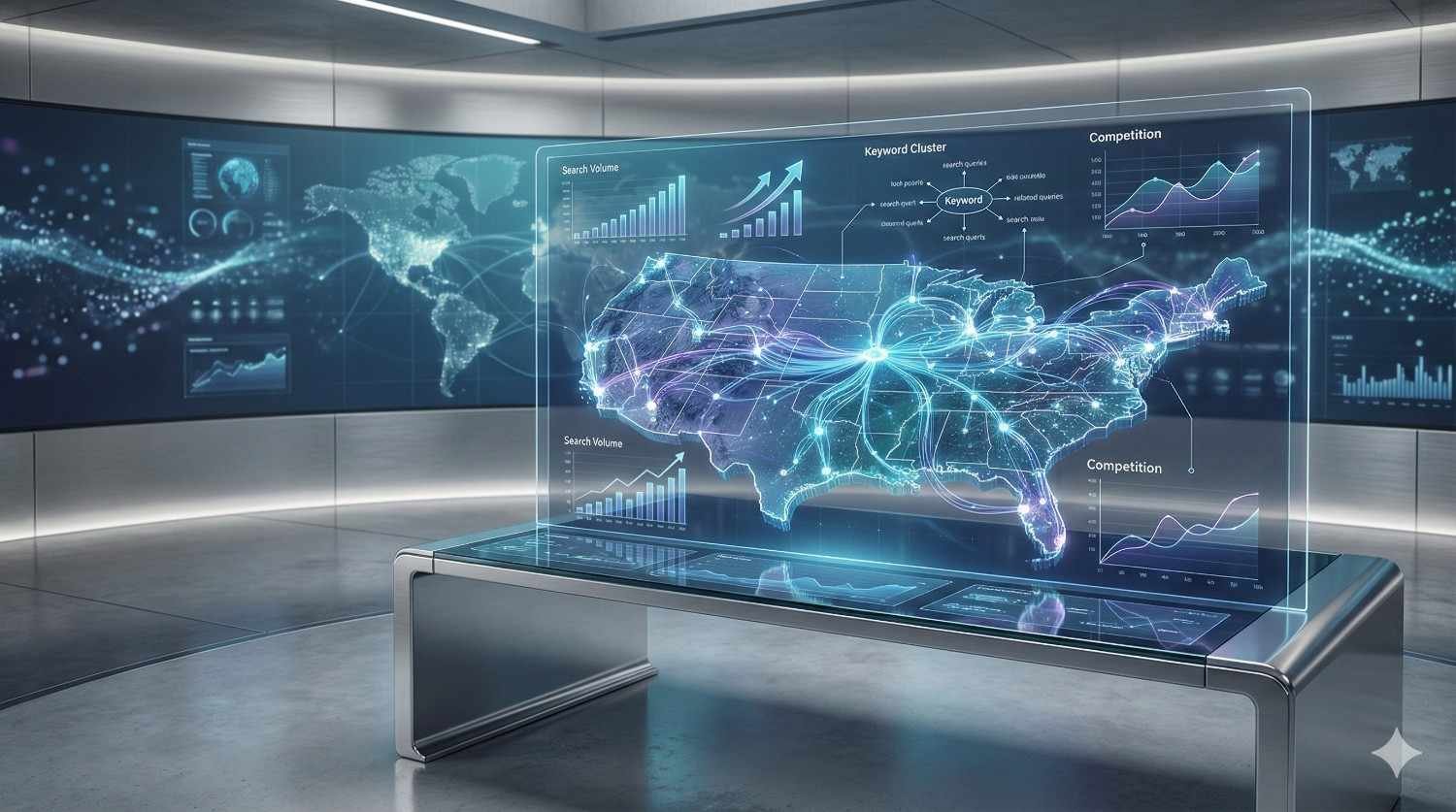 A futuristic analytics room with a transparent digital table displaying a glowing U.S. map covered in network lines, keyword clusters, search volume charts, and competition graphs, representing nationwide SEO strategy, data visualization, and search performance analysis.