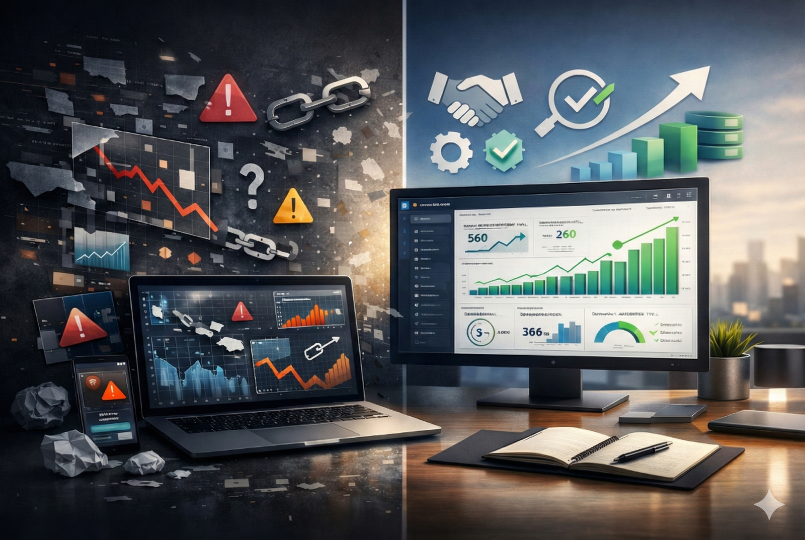 Split image contrasting chaotic SEO failure with broken links, warning icons, and declining charts on laptops, versus a clean office setup showing rising analytics graphs, growth arrows, partnership icons, and success dashboards on a large monitor.