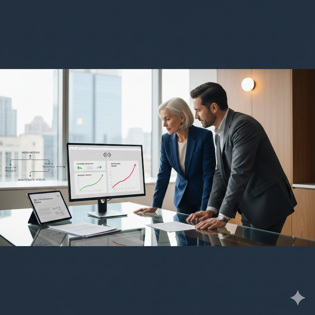 Two business professionals reviewing SEO performance data on a monitor, showing traffic growth comparisons and optimization results, representing collaborative SEO strategy planning, performance analysis, and data-driven decision-making for improving website visibility and organic growth.