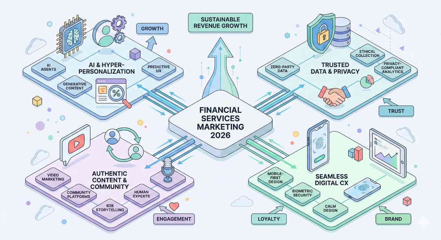 Infographic centered on “Financial Services Marketing 2026,” linking sustainable revenue growth to AI personalization, trusted data and privacy, authentic content and community, and seamless digital experiences, with icons for security, engagement, loyalty, branding, and analytics.