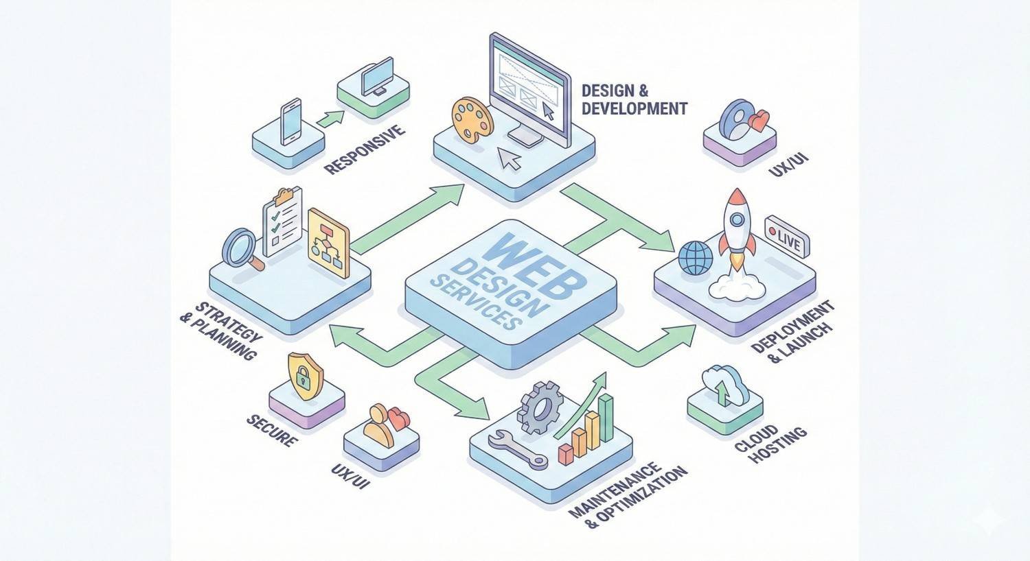 An isometric infographic centers on “Web Design Services,” with arrows linking responsive design, strategy and planning, security, UX/UI, design and development, deployment and launch, cloud hosting, and maintenance and optimization, illustrated by icons like screens, rockets, gears, charts, and shields.