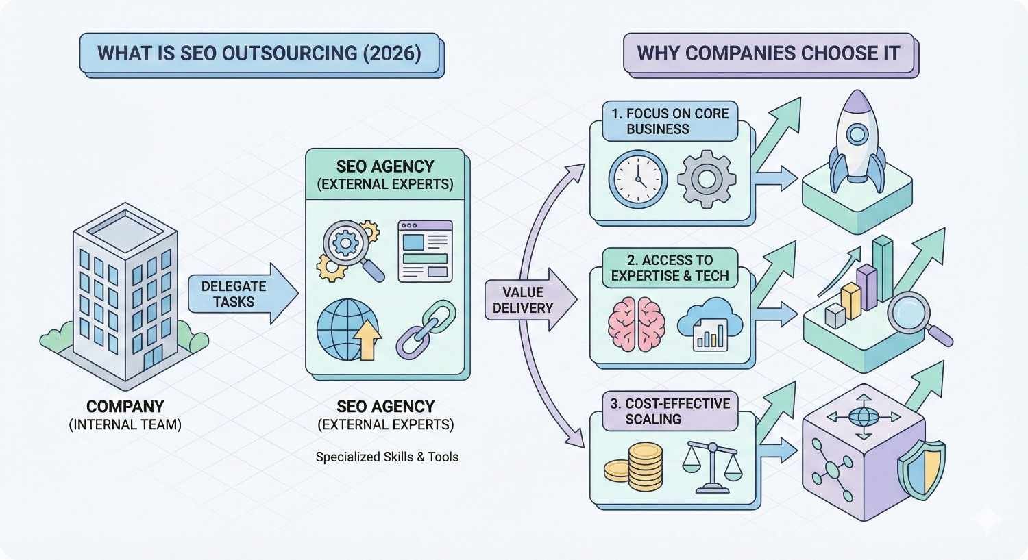 An infographic explains SEO outsourcing, showing a company delegating tasks to an external SEO agency, then highlighting benefits like focusing on core business, accessing expertise and technology, and cost-effective scaling, illustrated with arrows, icons, charts, and growth symbols.