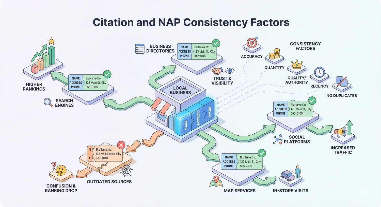 Isometric infographic titled “Citation and NAP Consistency Factors” showing a local business linked to directories, search engines, social platforms, and maps, emphasizing accurate name, address, and phone data, consistency signals, higher rankings, increased traffic, and warnings about outdated listings causing confusion.