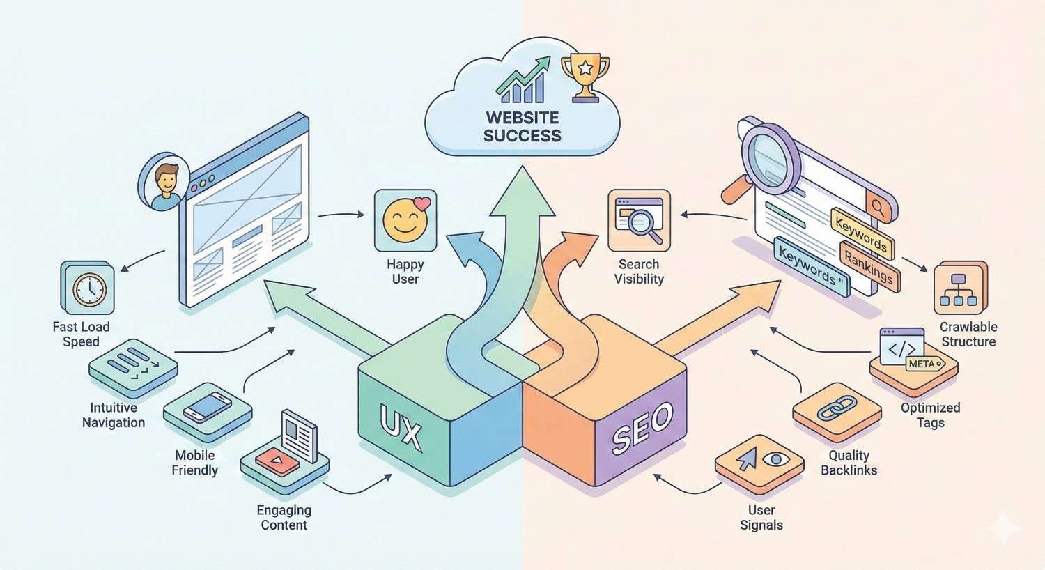 Split illustration showing UX and SEO working together for website success: UX includes fast load speed, navigation, mobile-friendly design, and engaging content, while SEO shows keywords, rankings, backlinks, optimized tags, crawlable structure, and user signals, all pointing toward higher visibility and happy users.