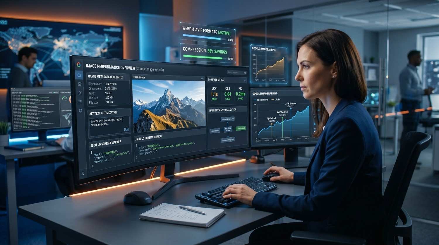 SEO specialist optimizing image search performance using WebP and AVIF formats, alt text optimization, structured data markup, Core Web Vitals, and image compression analytics to improve Google Image rankings, website speed, visual search visibility, and organic traffic growth.