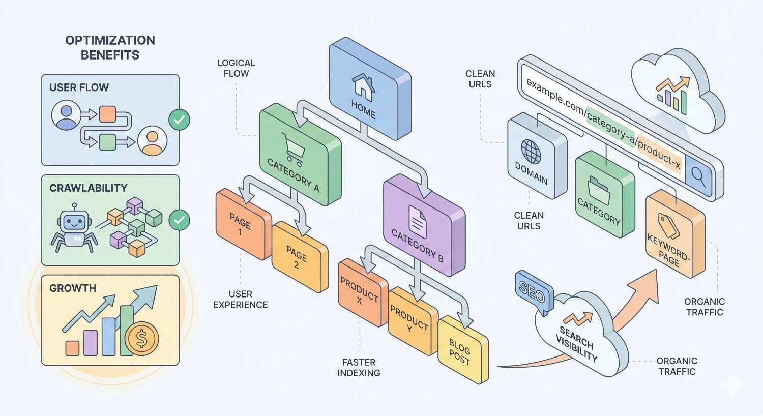 Diagram showing website structure optimization benefits, with logical navigation from homepage to categories and products, clean URLs, improved crawlability, faster indexing, better user flow, increased search visibility, organic traffic, and growth metrics.