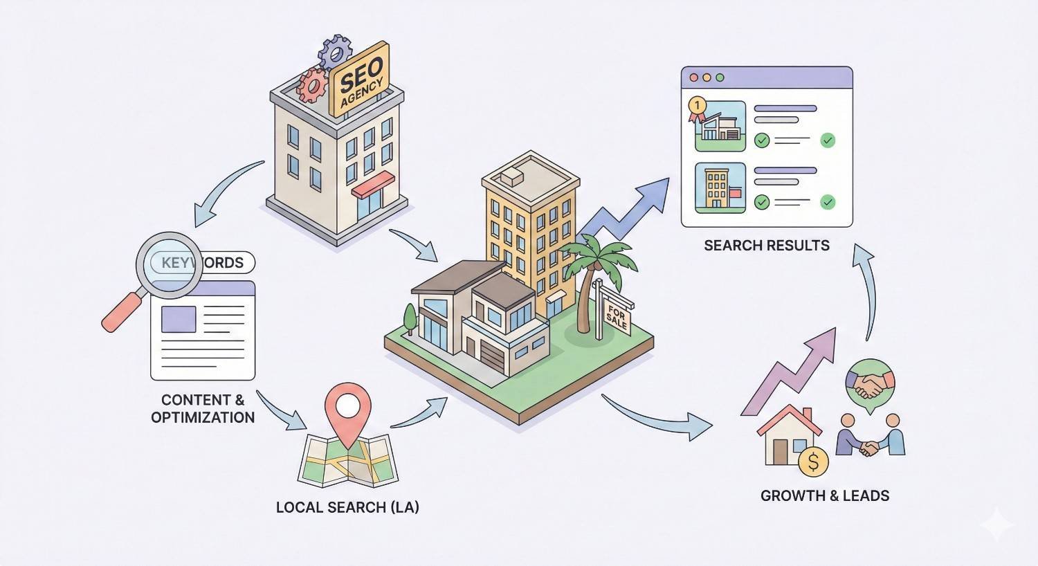 Isometric diagram showing an SEO agency improving a local LA property listing, with arrows linking keyword research, content and optimization, local search maps, higher search results, and growth and leads, illustrated through buildings, charts, magnifying glasses, location pins, and upward trend icons.