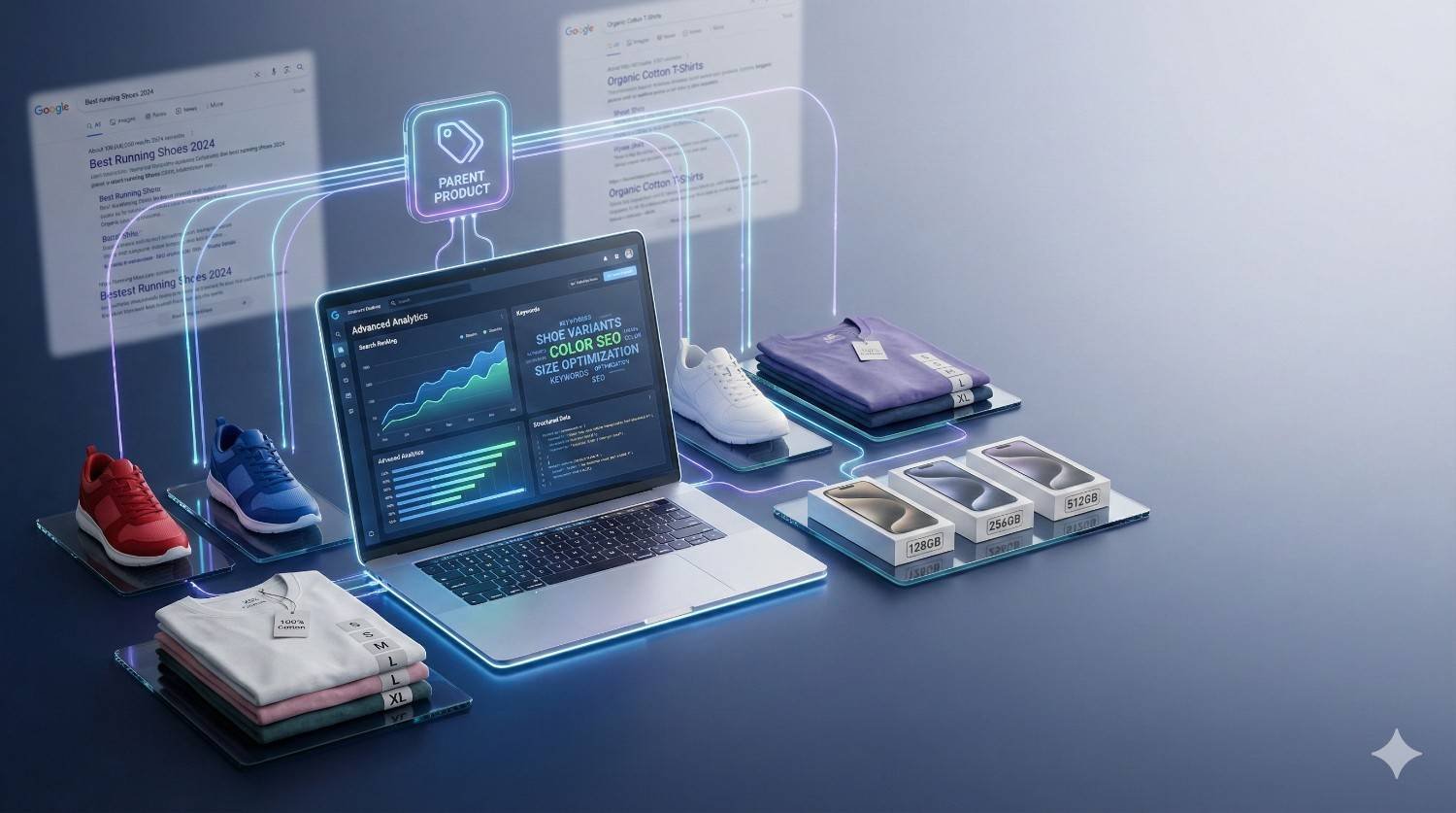A futuristic ecommerce scene shows a laptop with analytics dashboards linking a parent product to shoe and clothing variants, glowing SEO connections, Google search results in the background, stacked apparel, sneakers, and price-tagged boxes, illustrating product variation optimization and data-driven retail strategy.