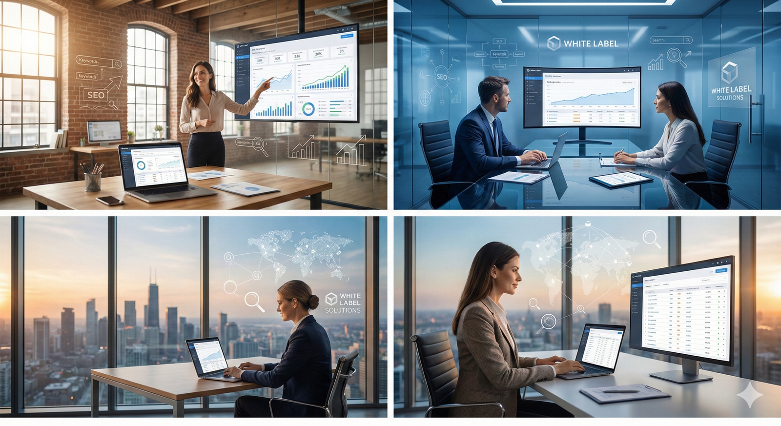 Businessman seated at a modern office desk overlooking city buildings, working on dual monitors displaying organic traffic graphs, keyword rankings, and marketing performance dashboards in a bright, glass-walled corporate workspace.