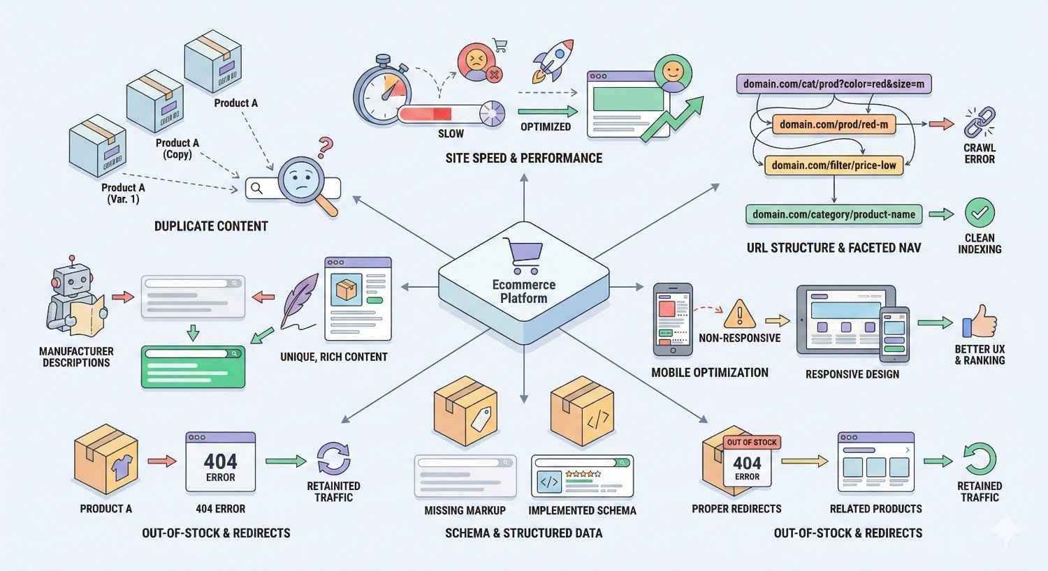 Diagram of ecommerce technical SEO showing duplicate content fixes, site speed optimization, clean URLs, mobile responsiveness, schema markup, redirects for out-of-stock products, and unique content improvements around a central ecommerce platform hub.