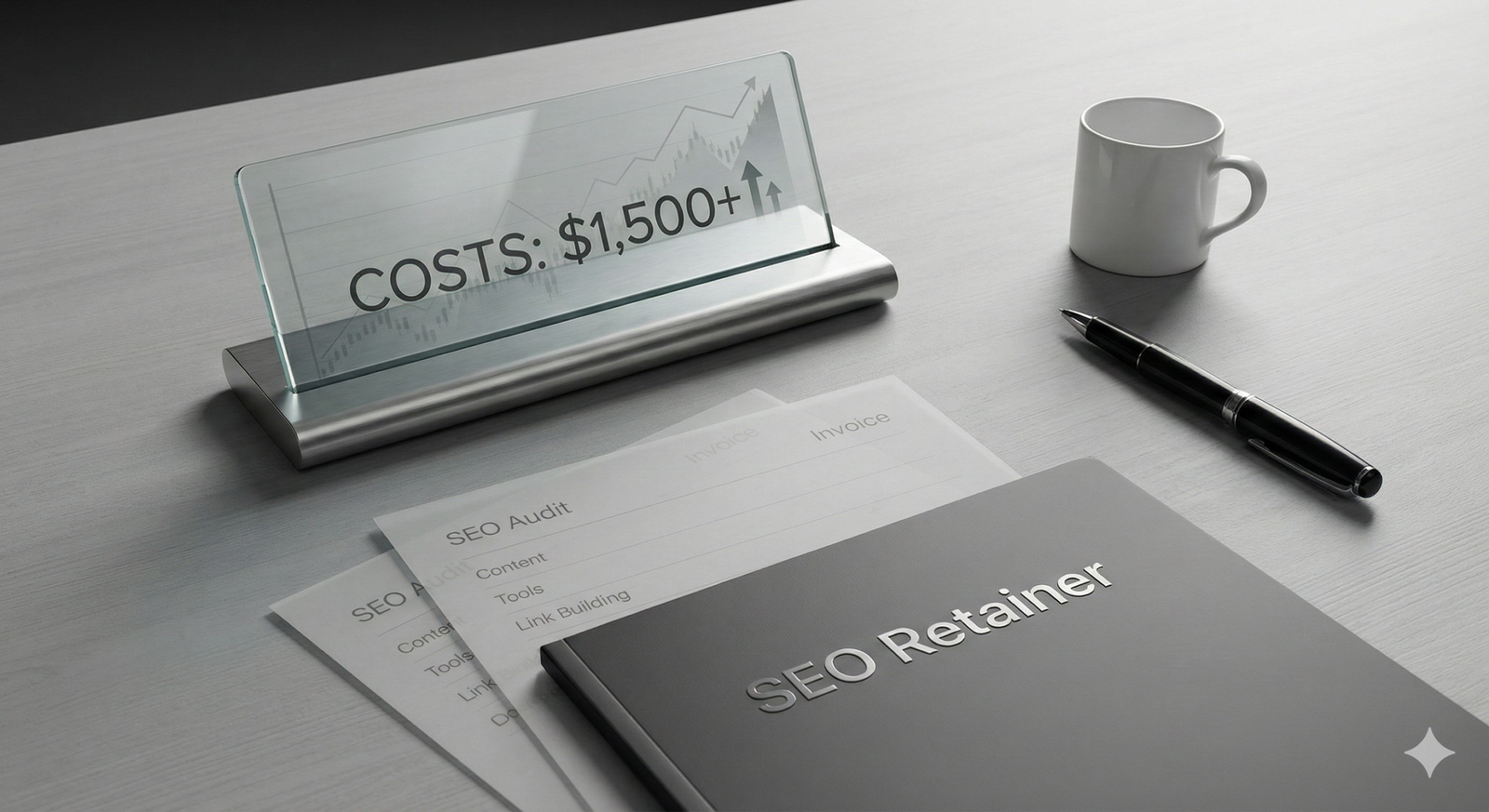 Minimalist desk scene with a glass sign reading “Costs: $1,500+” and upward graph, SEO audit and invoice papers, a notebook labeled “SEO Retainer,” plus a pen and coffee mug, suggesting pricing and ongoing SEO services.