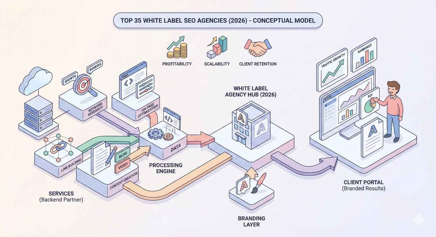 A conceptual infographic shows a white-label SEO agency hub connected to backend services like keyword research, content creation, link building, and data processing, feeding branded client portals with traffic and ranking charts, emphasizing scalability, profitability, and client retention.
