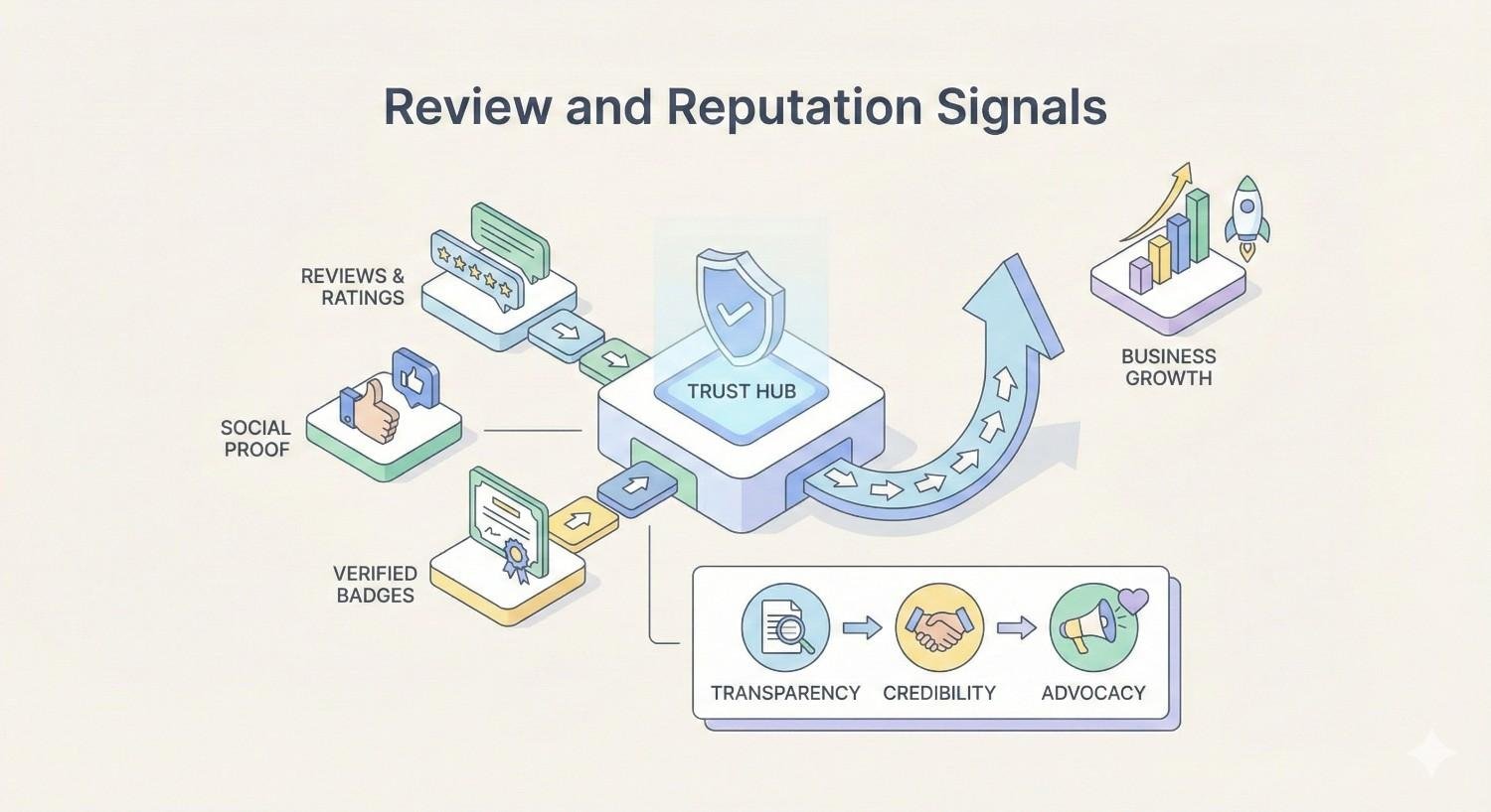 Isometric infographic titled “Review and Reputation Signals” showing a central trust hub fed by reviews, ratings, social proof, and verified badges, leading to transparency, credibility, advocacy, and an upward arrow toward business growth and improved brand performance.