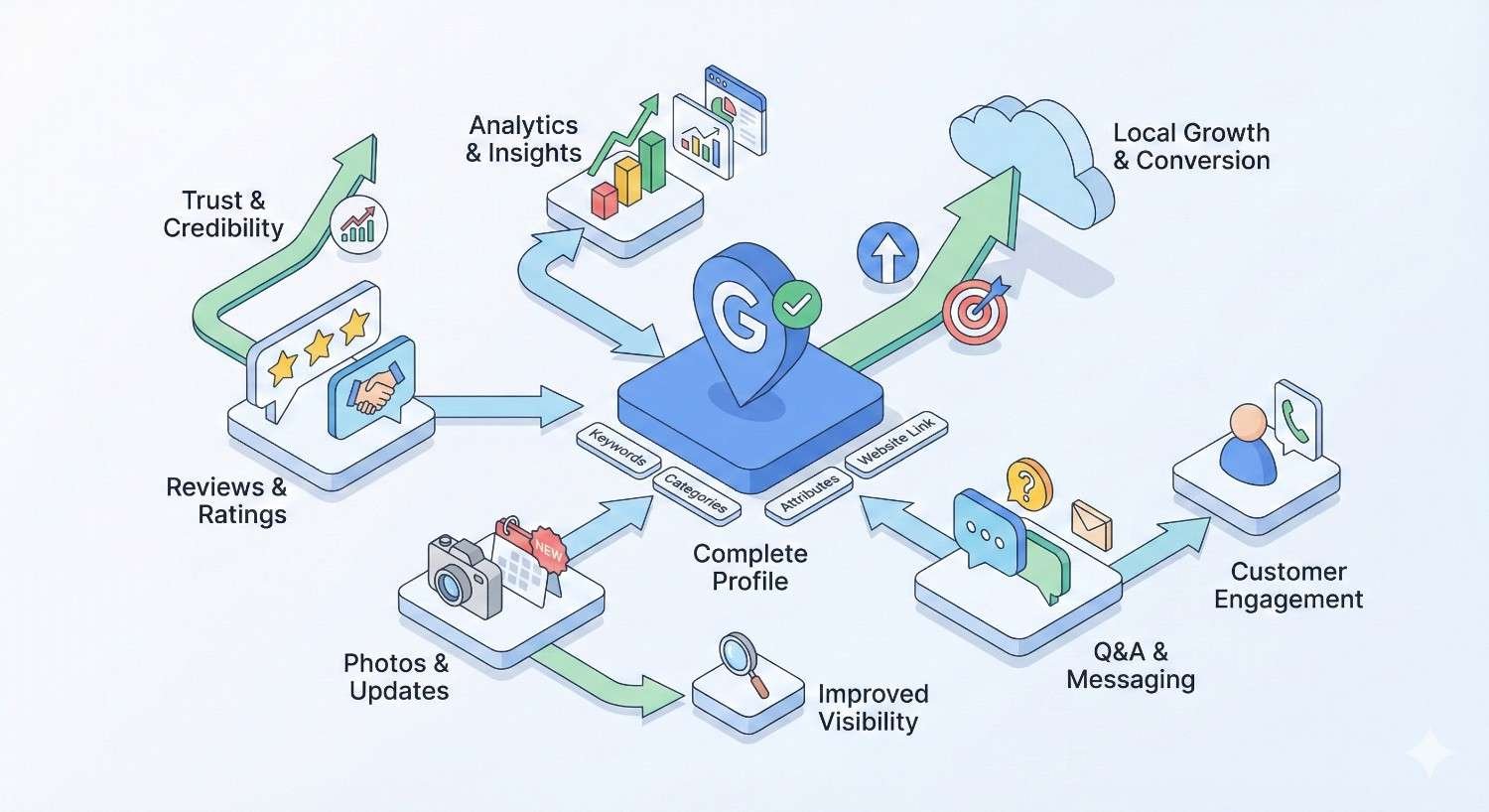 Isometric infographic showing a complete Google business profile at the center connected to reviews, photos, Q&A, analytics, and engagement, leading to improved visibility, trust, customer interaction, and upward arrows for local growth and conversions.