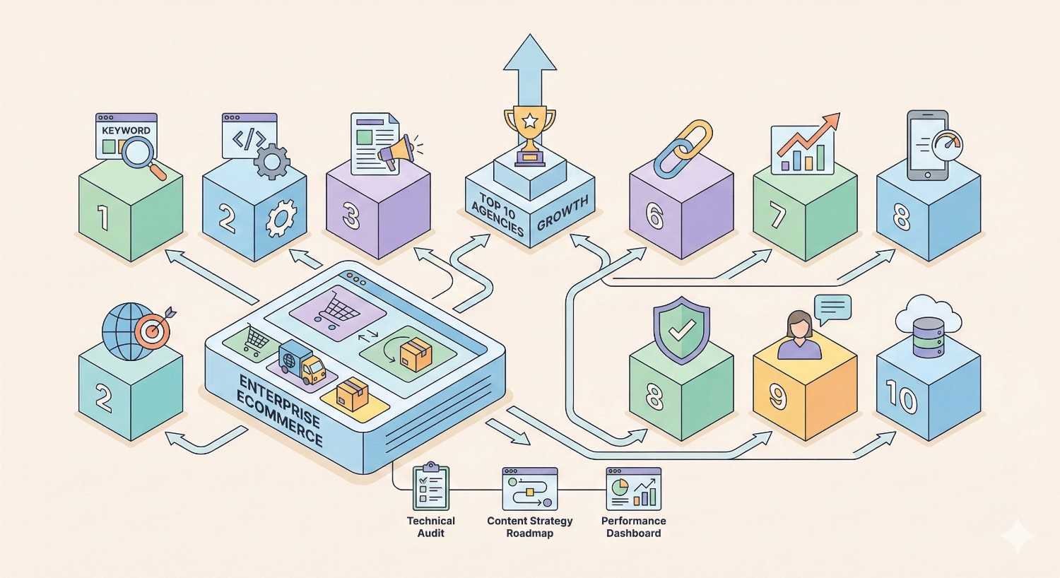Isometric infographic of enterprise ecommerce connected to a numbered ten-step SEO process, including keyword research, technical audits, content strategy, link building, growth tracking, security, reporting, and analytics, culminating in top agencies and upward growth with trophy and arrow icons.