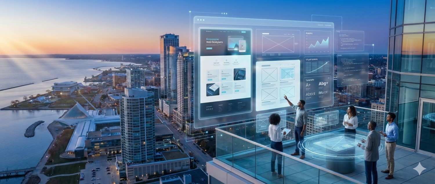 A group of professionals stands on a high-rise balcony at sunset, reviewing large transparent holographic dashboards showing website layouts, analytics charts, and performance data over a modern city skyline and waterfront, suggesting digital strategy planning, UX design, and tech-driven business collaboration.