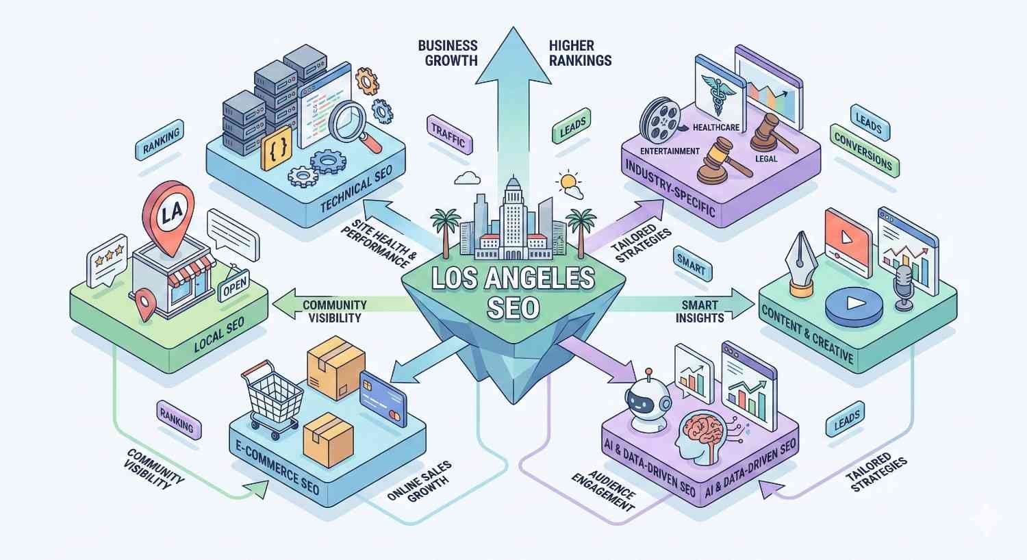 Isometric diagram titled “Los Angeles SEO” showing a central city hub with arrows to technical SEO, local SEO, ecommerce SEO, industry-specific strategies, content and creative, and AI-driven SEO, labeled with traffic, leads, rankings, and business growth icons, illustrating tailored digital marketing services and performance improvement.