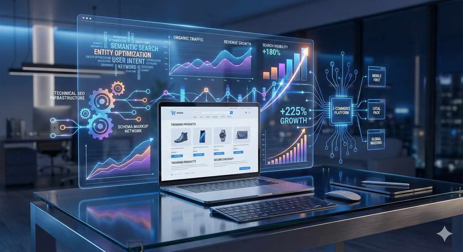 Laptop on a desk displaying an ecommerce dashboard with holographic SEO panels showing organic traffic, revenue growth, semantic search, schema markup, entity optimization, technical SEO, and rising performance charts in a futuristic office setting.