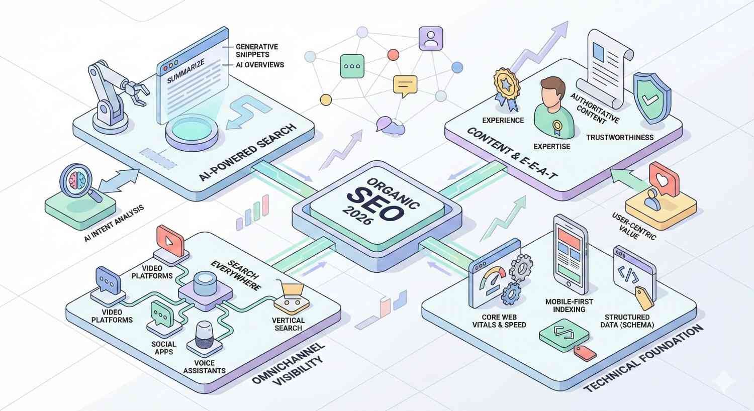 Isometric infographic titled “Organic SEO 2026” showing AI-powered search, content and E-E-A-T signals, omnichannel visibility, and technical foundations like Core Web Vitals and schema, all connected by arrows to central SEO success with charts, icons, and futuristic UI panels.