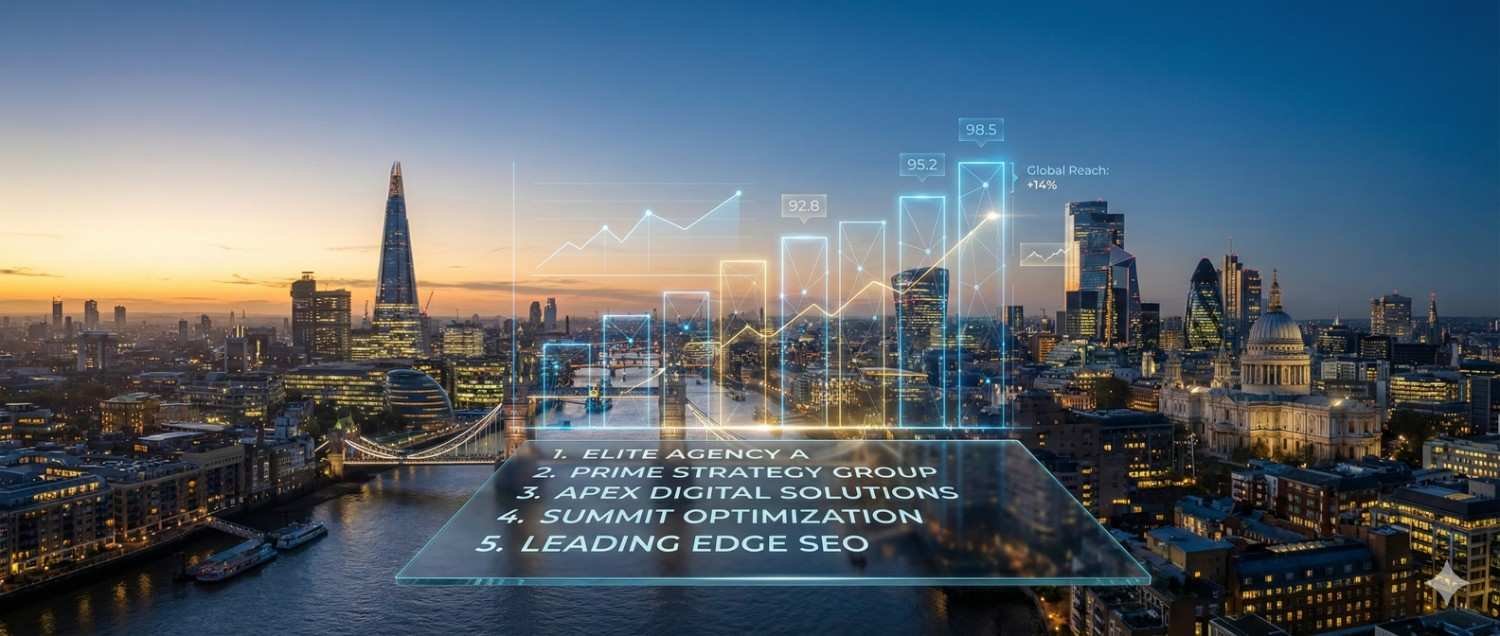 Aerial view of London’s skyline at sunset with digital overlays showing rising performance charts, global reach metrics, and a top-five SEO agency ranking panel hovering above the cityscape.